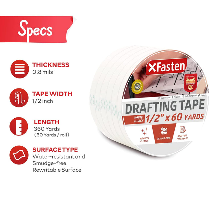 XFasten Artisan Grade Drafting Tape, 1/2 Inches x 60 Yards, Pack of 6 for Drafting and Arts & Crafts